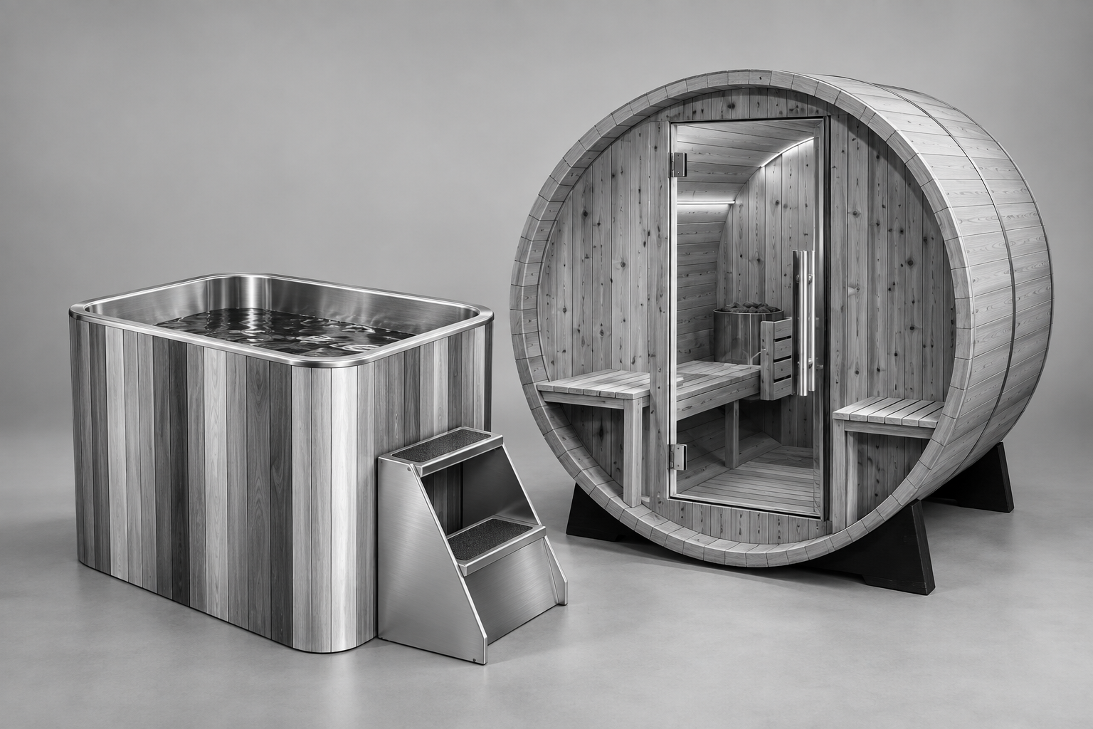 Illustrative cold plunge and barrel sauna rewards